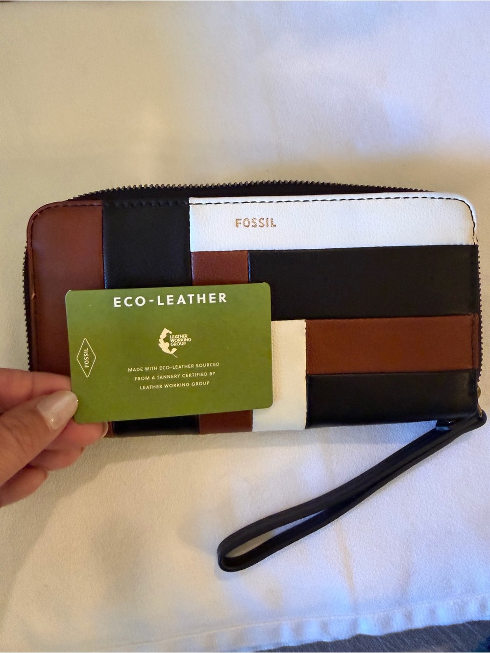 Fossil Colorblock Leather Zip Wristlet - Brown, Black & White NWT